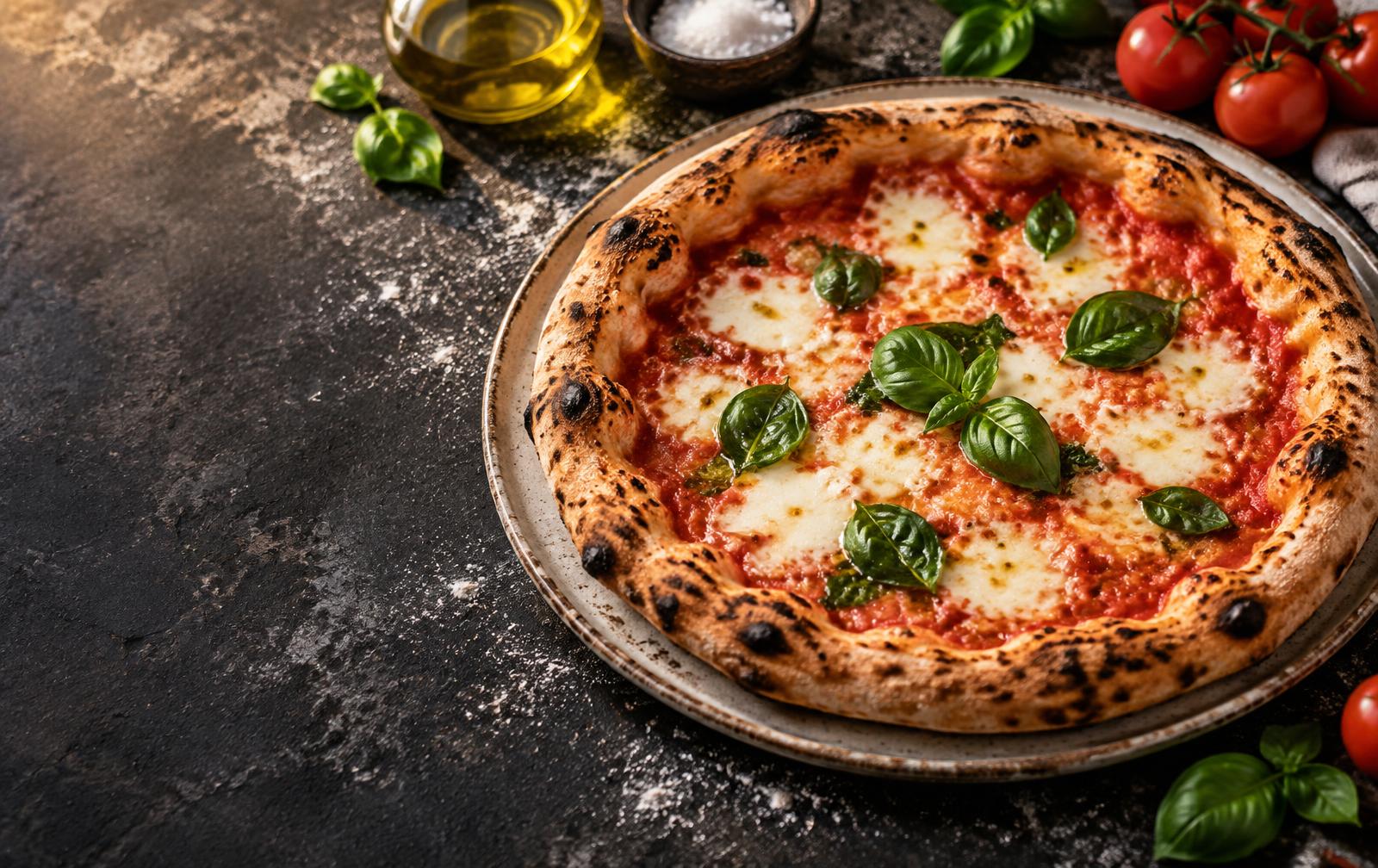 Frisch gebackene Pizza mit Mozzarella, Tomaten und Basilikum