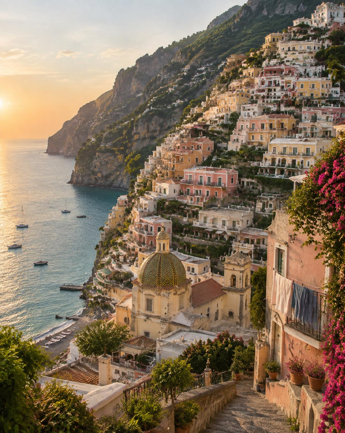 Positano an der Amalfiküste: farbenfrohe Häuser an einem steilen Hang über dem Meer