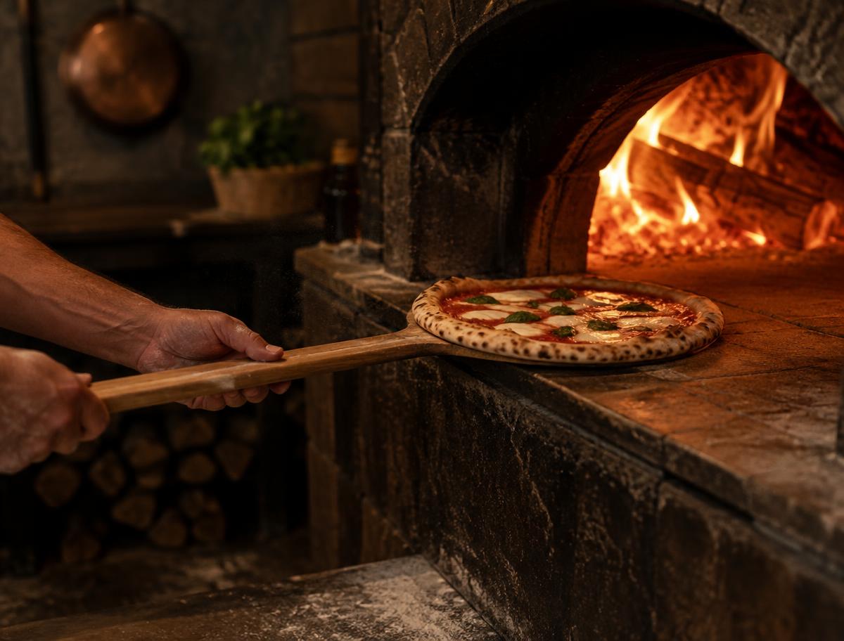 Eine Pizza wird auf einem Holzschieber in einen heißen Holzofen geschoben